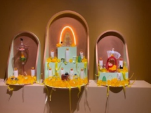 David Rios – Ofrenda a Tonantzín, Ofrenda de amor (LOVE), Ofrenda de orgullo (PRIDE), 2026, Blown glass, furnace glass, hot-sculpted glass, and neon, Courtesy of the artist